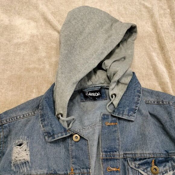 Carbon Grey Hoodie Denim Button Front Distressed Jacket Size Large - Picture 7 of 8